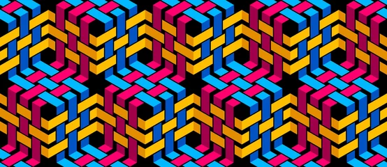 Gestreifte Maschenwebereiwürfel nahtloses Muster, abstrakter Vektorhintergrund 3D für Tapeten, dimensionales Design der optischen Täuschung der Op-Art. Bunte Ausführung. © Sylverarts