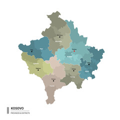 Kosovo higt detailed map with subdivisions. Administrative map of Kosovo with districts and cities name, colored by states and administrative districts. Vector illustration.