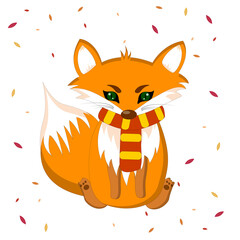 vector illustration, fox character in scarf, in autumn entourage, autumn illustration