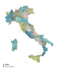Italy higt detailed map with subdivisions. Administrative map of Italy with districts and cities name, colored by states and administrative districts. Vector illustration.