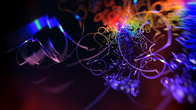 abstract background neon chaotic squiggles on a dark background, blurred image, 3d rendering