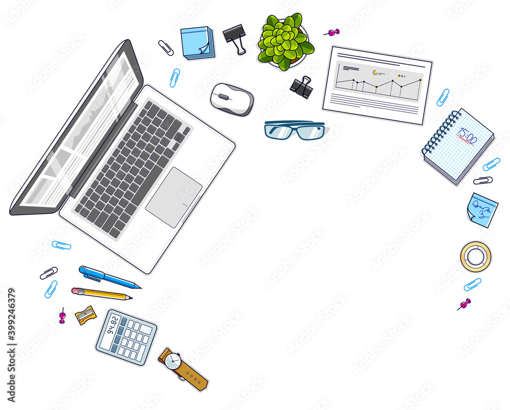 Poster office employee or entrepreneur work desk workplace with pc computer and diverse stationery objects 