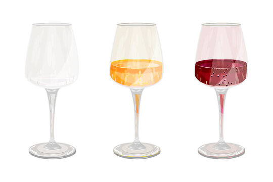 Set of empty and full transparency wine glass isolated on white background. Red and white wine goblet collection.Design template object for banner,poster,label,ad or promote. Stock vector illustration