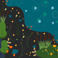 vector illustration forest and river, flowers on a dark background