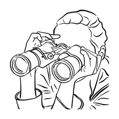 Outline sketch of girl look through binoculars in doodle style. Vector illustration