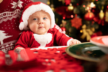 Celebrating Christmas time. Portrait of little Santa Claus on Christmas tree background.