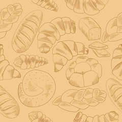 Hand drawn doodle pattern with bakery products