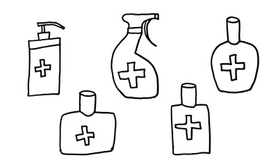 Doodle illustration of covid rules. Coronavirus prevention - hand washing, disinfection, use of rubber gloves and masks