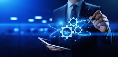 Gears icon on screen. Business and industrial process automation RPA Technology concept.
