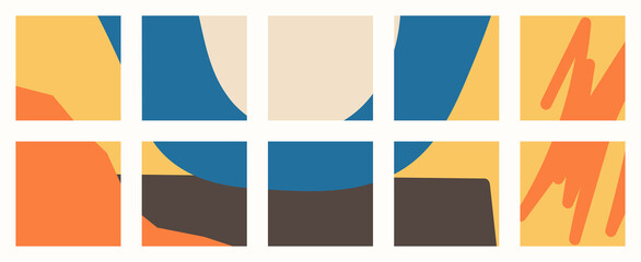 Trendy social media set of ten abstract backgrounds with abstract organic shapes composition in contemporary collage minimal style.