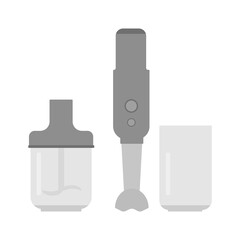 Hand blender with bowl and detachable parts, kitchen equipment for chopping food, blender attachments with knives, gray flat style illustration