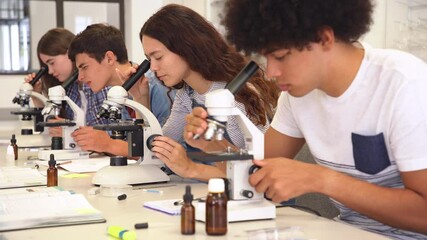 Group of multiethnic college students performing experiment using microscope in science lab. University focused students looking through microscope in biology class while sitting in a row at desk. - Powered by Adobe