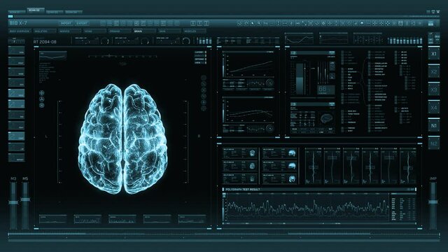 Blue futuristic interface analyzing human brain anatomy and morphology. Medical profile of patient, brain lobes, neuron cell animation. Nerve impulses, EEG, electrical activity of the brain.