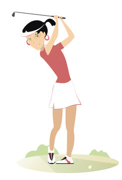 Young golfer woman on the golf course illustration. Pretty golfer woman aiming to do a good kick illustration