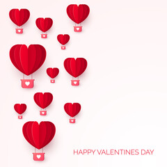 Valentine`s day with paper cut red heart shape air balloon. Be my Valentine illustration. Holiday Greeting Card. Vector