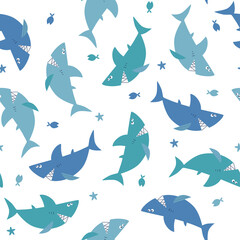 Seamless pattern with cartoon sharks and fish. Vector children's illustration. Marine theme. For the design of textiles, fabric, wallpaper, wrapping paper.