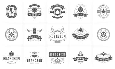 Camping logos and badges templates vector design elements and silhouettes set