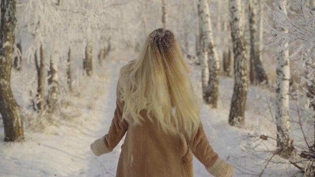 A Woman walks through a winter forest with snow covered trees on a beautiful frosty morning. Slow Motion
