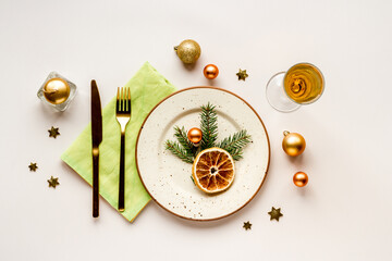 Christmas dinner background. Table setting top view