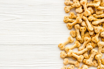 Pet food and dog bones snacks treats, overhead view