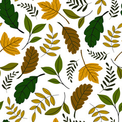 Obraz premium simple graphic leaf pattern in green, yellow and brown on a white background, seamless vector repeat