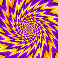 Yellow and purple background with orange spirals. Spin illusion.