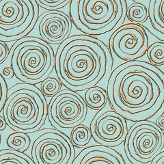 Abstract seamless pattern with 3d golden glittering acrylic paint round spiral circles on pastel green background