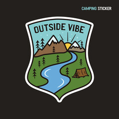 Camping adventure sticker design. Travel hand drawn logo emblem. State park label badge. Stock vector Outside vibe graphics