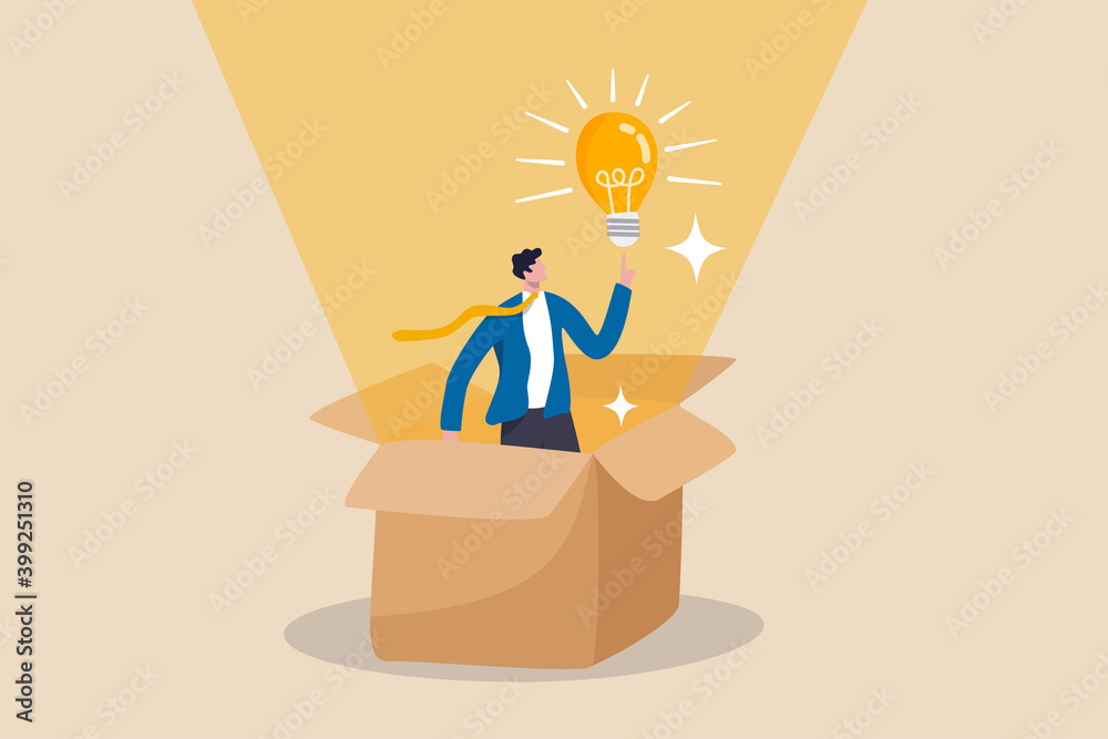 Sticker Think outside the box, creativity to create different business idea or motivation and innovation concept, smart businessman get out of paper box with new illumination lightbulb idea.