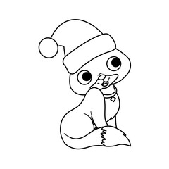 Coloring of Cat Wearing Santa Hat Cartoon, Cute Funny Character, Flat Design