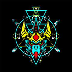 Metal Head with sacred geometry and neon color, can use for mascot logo, gaming logo, tshirt and more