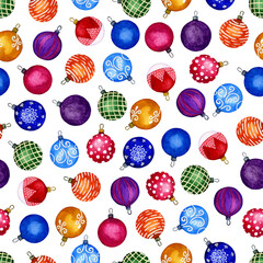 Watercolour illustration of hand painted.Seamless pattern of Christmas elements.Holiday ornamental decorations for the happy new year.Design element of fabric, background,wrapping paper.