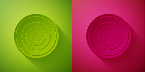 Paper cut Checker game chips icon isolated on green and pink background. Paper art style. Vector.