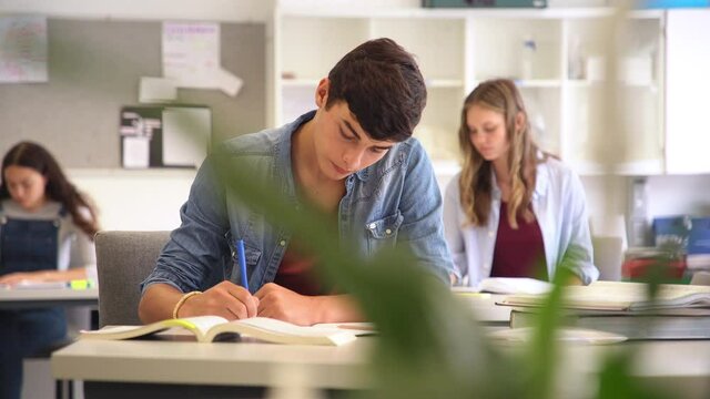 Happy student taking notes while studying in high school. Satisfied young man looking at camera while sitting at desk in classroom. Portrait of college guy writing while completing project.