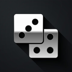 Silver Game dice icon isolated on black background. Casino gambling. Long shadow style. Vector.