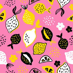 Hand drawn vector pattern of different decorative lemons. Cartoon style lemons background. Fruit color pattern for textile designs, cards and prints.