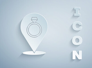 Paper cut Wedding rings icon isolated on grey background. Bride and groom jewelry sign. Marriage symbol. Diamond ring. Paper art style. Vector.