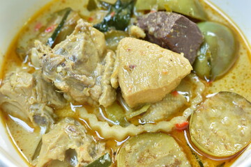 Fototapeta na wymiar spicy boiled chicken with eggplant in coconut milk green curry soup on bowl