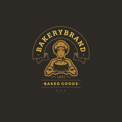 Fototapeta premium Bakery badge or label retro vector illustration. Baker man holding bread silhouette for bakehouse.
