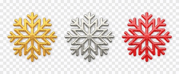 Snowflakes set. Sparkling golden, silver and red snowflakes with glitter texture isolated on transparent background. Christmas decoration. Vector illustration.