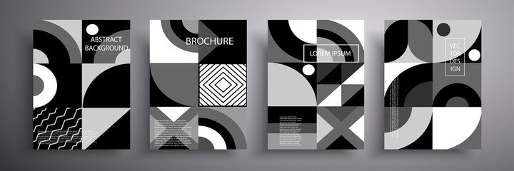 Set of vector geometric illustrations in retro style. Modern abstract advertising flyers.Black and white background. Template for brochures, covers, notebooks, banners, magazines and flyers.
