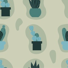 Seamless illustration with three different types of cacti in different pots on a beige background.