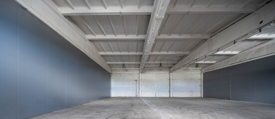 Modern interior of huge empty concrete industrial warehouse. White brick wall.