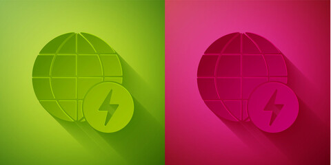 Paper cut Global energy power planet with flash thunderbolt icon isolated on green and pink background. Ecology concept and environmental. Paper art style. Vector.