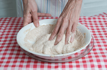 Kneading a dough of bread in a bowl. Female hands working. Making pizza. Cooking at home. Homemade food. Italian cloth.