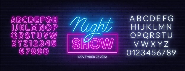 Night show neon sign on brick wall background. Pink and white neon alphabets. Template for the design. - obrazy, fototapety, plakaty