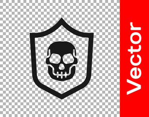 Black Shield with pirate skull icon isolated on transparent background. Vector.