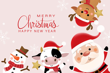 Merry Christmas greeting card with Santa Claus, deer, snowman and cow. 2021 year of the ox. Cute bull animal holiday cartoon character vector.