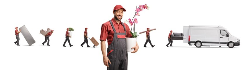 Courier with an orchid flower pot and movers carying items into a van