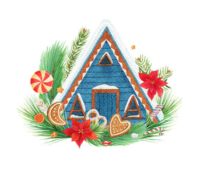 Watercolor blue house. Christmas gingerbread, spruce,  Poinsettia decor
